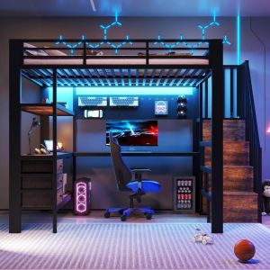 Cama mezanino 140x200cm com escrivaninha e gavetas metal e mdf preto