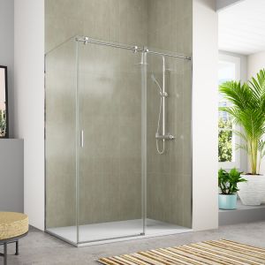 Divisória duche frontal retangular 140cm lateral 80cm transparente cromado