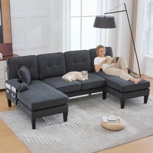 Sofá em u com duas chaise longue em linho cinzento escuro 4 lugares