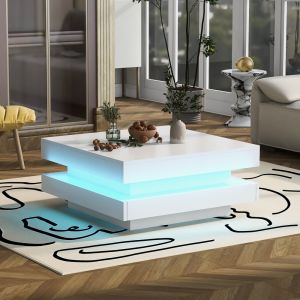 Mesa de centro quadrada giratória branca com LED 36x70x70cm