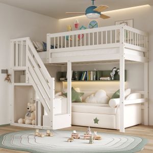 Cama individual 90x200cm com escada e arrumação madeira – branco