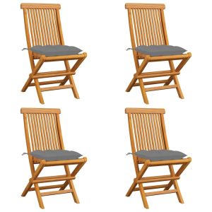 Cadeiras de jardim c/ almofadões cinzentos 4 pcs teca maciça