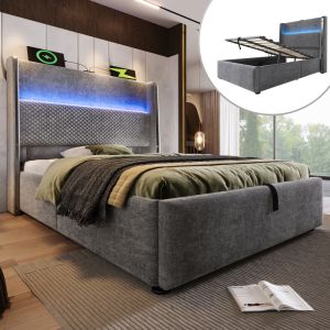 Cama estofada 90x200cm com LED arrumação usb e tipo c linho cinzento