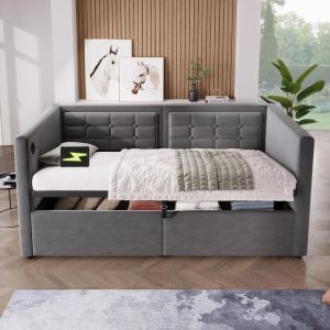 Sofá cama 90x200 cm veludo com arrumação e sombra cinzento