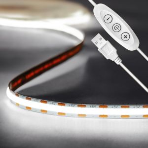 Fita LED 5v cob branco frio 6000k. Usb+regulador intensidade. Ip20, 8w/m 2m