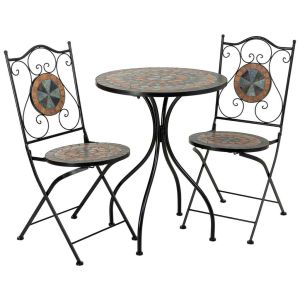 Conjunto de mesa e 2 cadeiras em mosaico e ferro forjado marrom, mesa:
