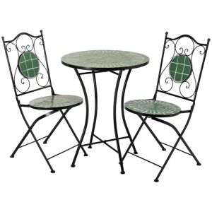Conjunto de mesa e 2 cadeiras em mosaico e ferro forjado verde, mesa: