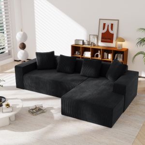 Sofá modular em l em bombazina preto 3 lugares com chaise longue