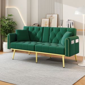 Sofá cama dobrável em veludo verde 2 lugares com encosto ajustável
