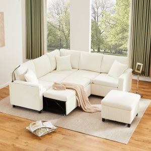 Sofá de canto com função cama em chenille bege com pufe e usb