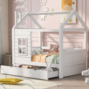 Cama casinha infantil 80x160cm com arrumação madeira de pinheiro branco