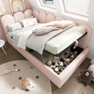 Cama de veludo 90x200cm com arrumação hidráulica e grade l rosa