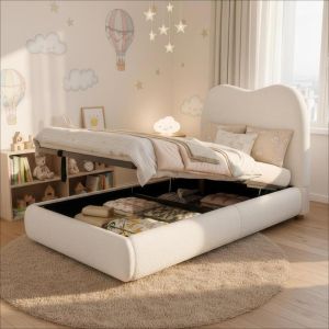 Cama infantil 90x200cm com arrumação elevatória bouclé – bege