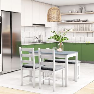 Conjunto mesa jantar 4 peças pinho cinzento com banco e 2 cadeiras