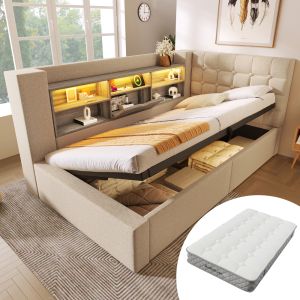 Cama estofada 90x200cm com colchão LED e arrumação linho – bege