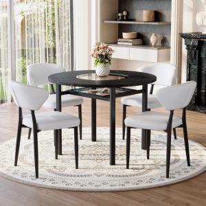 Conjunto mesa jantar redonda 100cm + 4 cadeiras pu branco base metálica