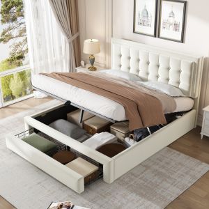 Cama de casal 140x200cm com arrumação e cabeceira ajustável veludo – bege