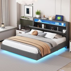 Cama estofada 160x200cm com usb e LED cabeceira reversível linho – cinzento