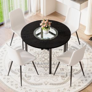 Conjunto mesa redonda com 4 cadeiras em pele sintética branco e preto