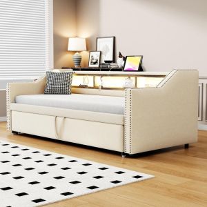 Sofá-cama ninho extensível 90x190/180 cm com LED, usb e colchão bege