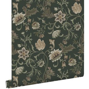 Estahome papel de parede flores vintage pretoeverde 53 cm x 10.05 m