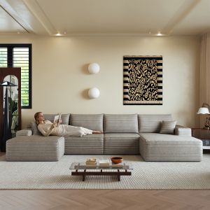 Sofá de canto modular em l em tecido canelado camel 4 lugares 270 cm