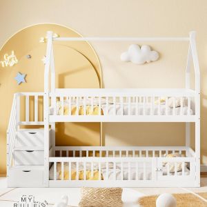 Cama alta infantil 90x200cm com teto, escada e gavetas, branca