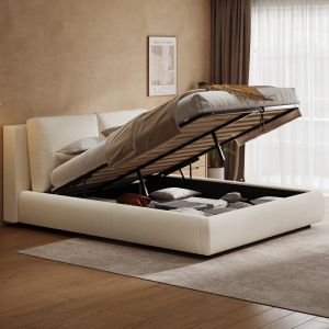 Cama de casal 180x200cm com arrumação hidráulica bouclé – bege