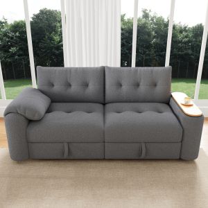Sofá modular 2 a 3 lugares em teddy cinzento com arrumação e mesa lateral
