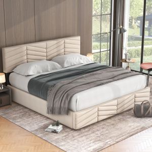Cama de casal 180x200cm com arrumação cabeceira ajustável veludo – bege