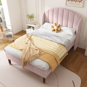Cama estofada 90x200cm com cabeceira em veludo – rosa