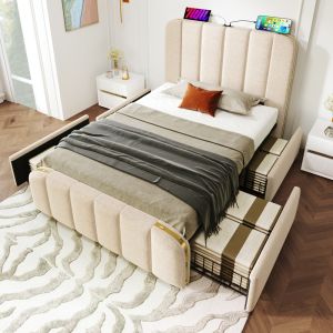 Cama estofada 90x200cm com arrumação usb e tipo c linho – bege