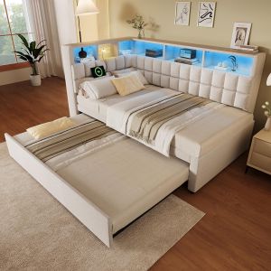 Cama tapizada de 90x200 con cama plegable,beige.