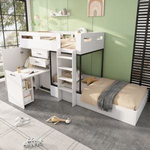 Beliche 90x200cm com secretária roupeiro e arrumação mdf branco