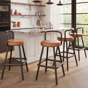 Banco alto de bar em pele sintética castanha com encosto ergonómico