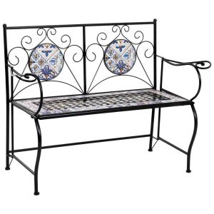 Banco em mosaico preto e ferro forjado 110x50x88h cm