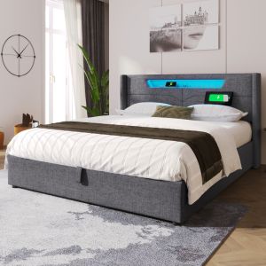 Cama estofada 140x200cm com LED usb e arrumação linho cor cinzento