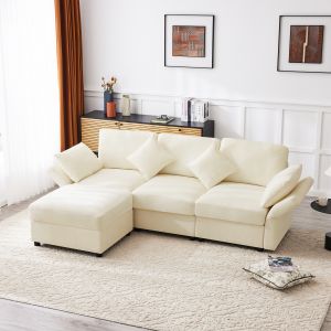 Sofá de canto em l em chenille bege 3 a 4 lugares com hocker