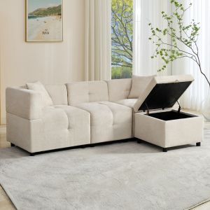 Sofá de canto modular em chenille bege 3 lugares com arrumação