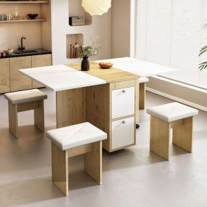 Conjunto mesa de jantar dobrável com 4 cadeiras branco e carvalho