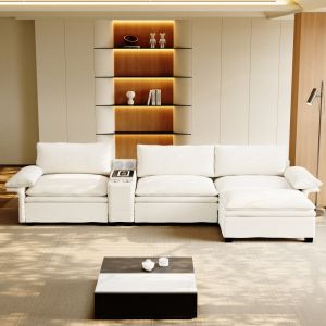 Sofá modular em l em chenille bege 4 lugares com otomana e arrumação