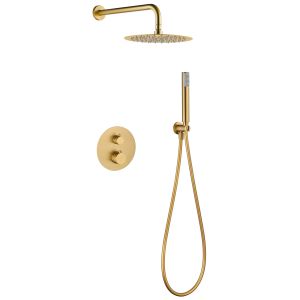Conjunto de duche termostático de encastre em latão e zama ouro escovado