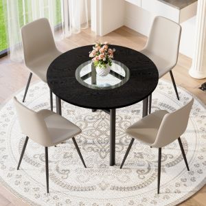 Conjunto mesa redonda 4 cadeiras madeira negra e pu castanho