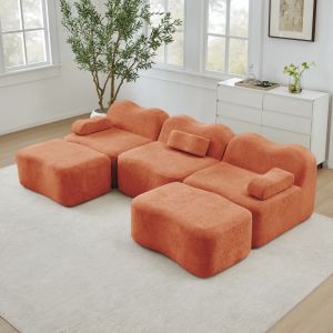 Sofá modular em u em veludo laranja 3 lugares com 2 otomanas