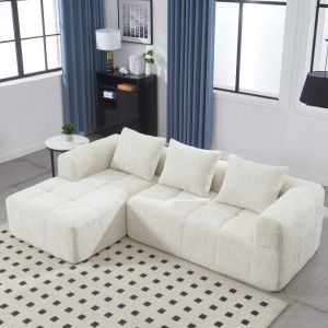 Sofá de canto em chenille bege 3 lugares com chaise longue e bolsos