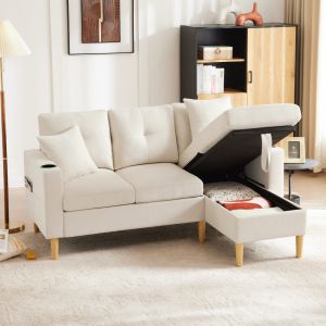 Sofá chaise longue em l em tecido bege 3 lugares com arrumação