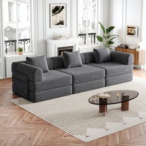 Sofá-cama individual em chenille cinzento com arrumação na braçadeira