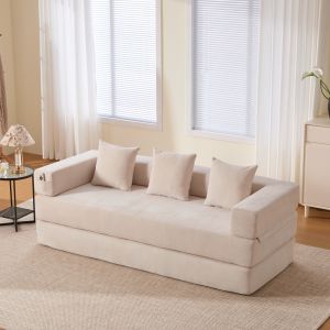Sofá modular em chenille bege com bolsos laterais e base antiderrapante