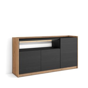 Aparador sala de jantar, 156x37x80cm, preto e carvalho, LED rf4943