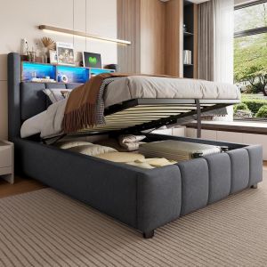 Cama infantil 90x200cm com baú hidráulico, LED usb, estantes, cinzento
